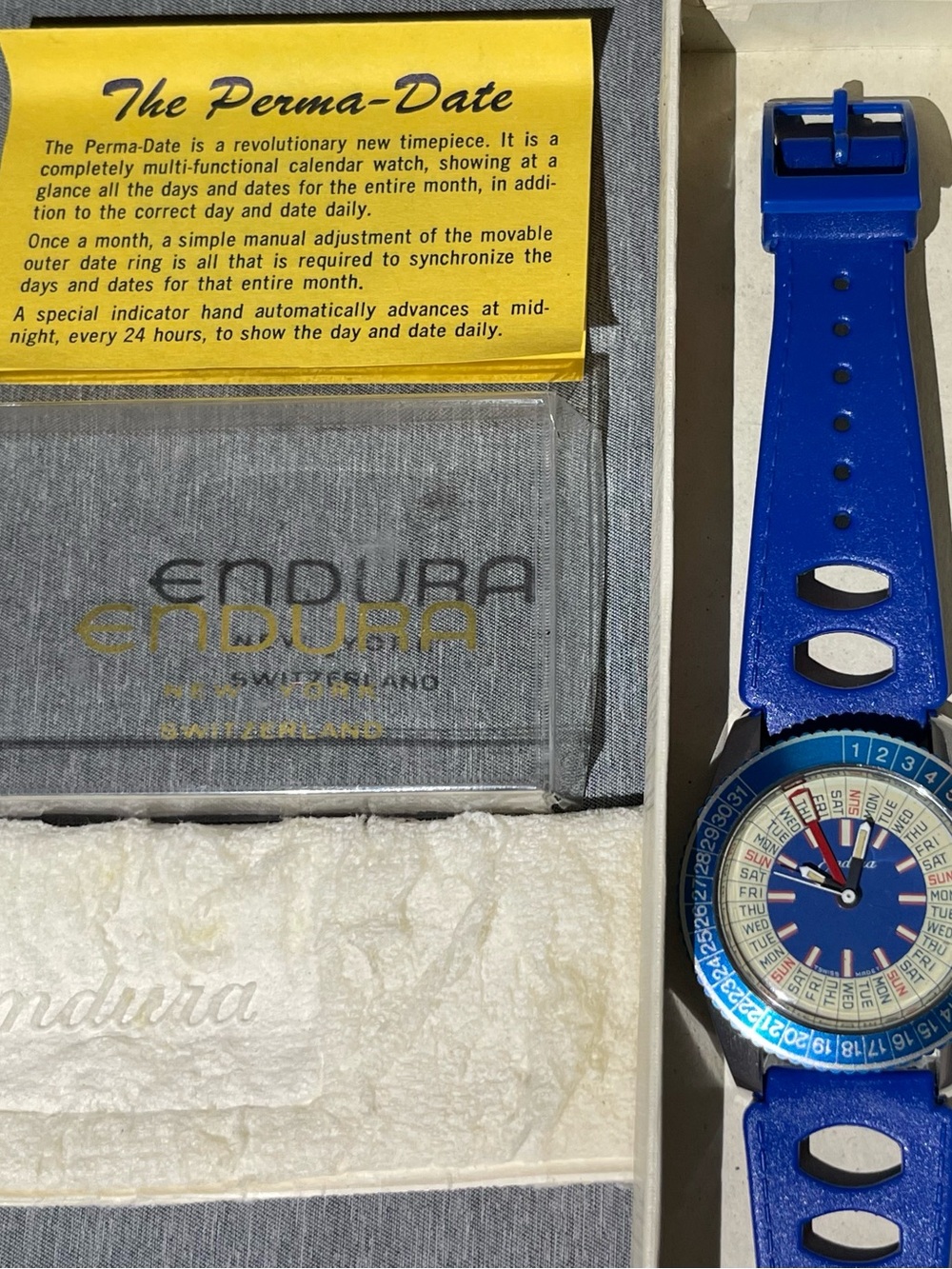 Vintage 1970 Endura PermaDate Calendar Watch Blue NOS Working W Box, Paper & Pad